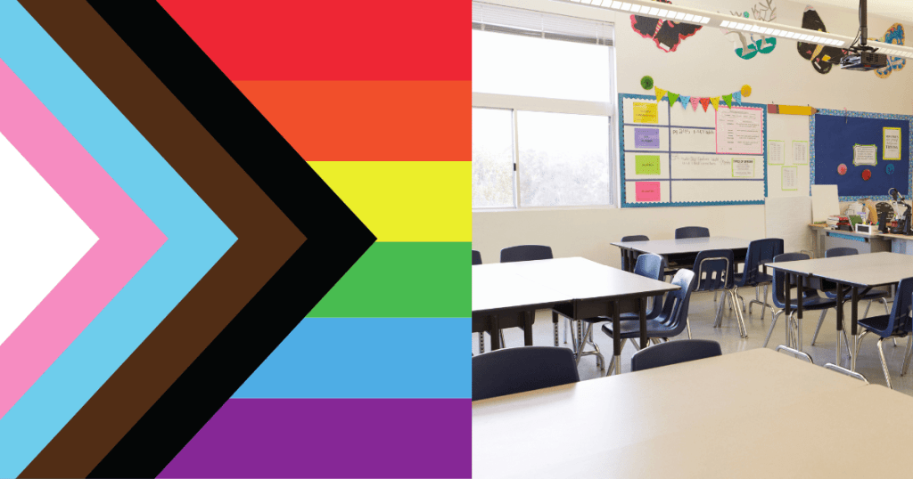 Imagen partida que muestra a la izquierda la bandera del progreso (Progress Pride Flag) y a la derecha el aula vacía de un colegio, simbolizando el clima escolar en Madrid.