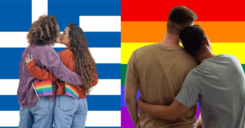 Imagen dividida: a la izquierda, dos mujeres besándose con la bandera de Grecia de fondo; a la derecha, dos hombres besándose frente a la bandera LGTBIQ+.