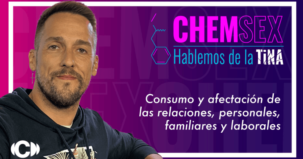 Imagen principal de la campaña "Chemsex: hablemos de la tina" con tres hombres y el texto sobre el consumo y su afectación en las relaciones personales, familiares y laborales.