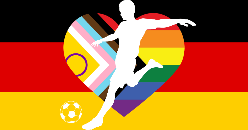Bandera de Alemania de fondo con un corazón en colores de la bandera del progreso y la silueta blanca de un futbolista, representando la diversidad en el fútbol alemán.