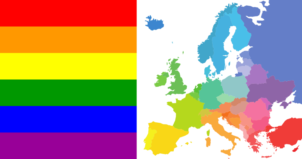 Imagen dividida que muestra a la izquierda la bandera LGTBIQ+ y a la derecha un mapa de Europa relleno con los colores del arcoíris, representando la influencia electoral del colectivo.