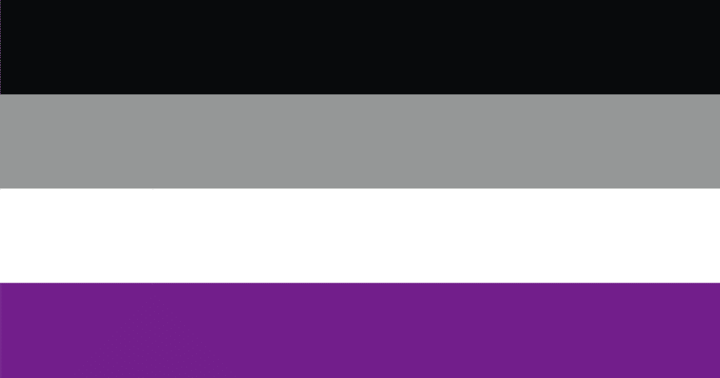 La bandera oficial del orgullo asexual con sus cuatro franjas horizontales en colores negro, gris, blanco y morado.
