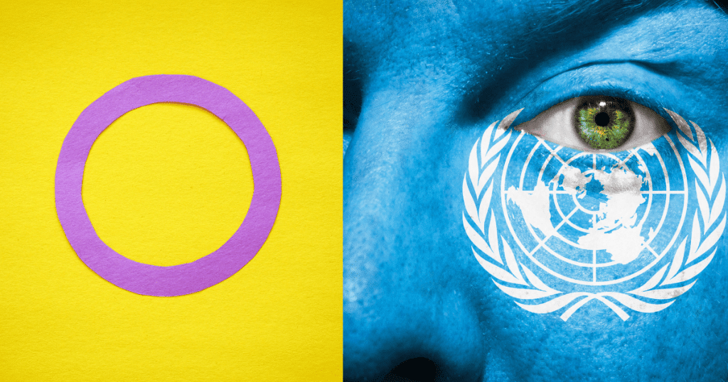 Imagen dividida que muestra a la izquierda la bandera intersexual (círculo morado sobre fondo amarillo) y a la derecha un ojo que integra el logotipo de la Organización de las Naciones Unidas (ONU).
