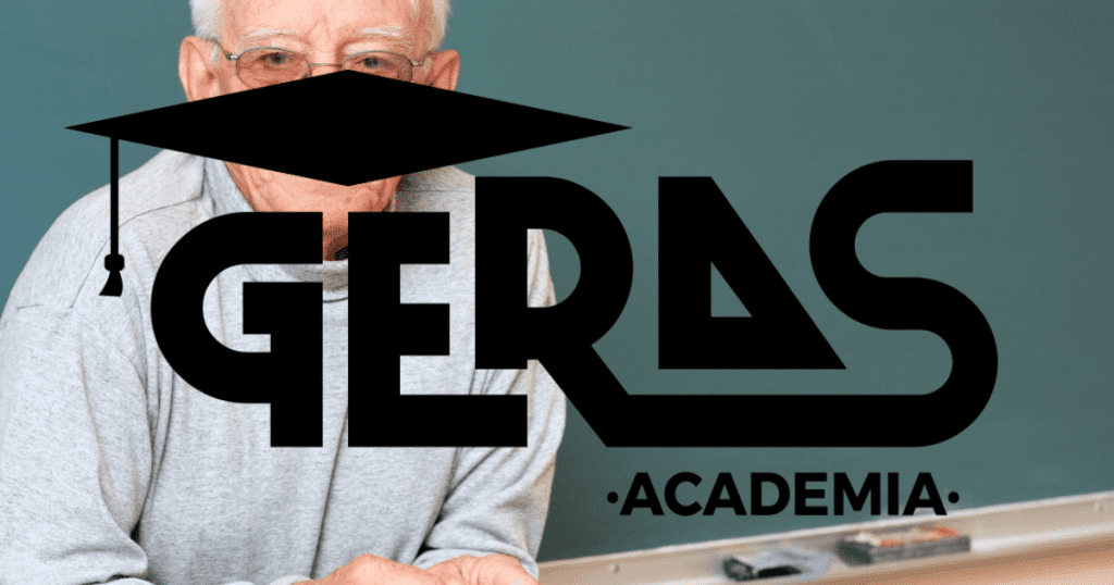 Primer plano de una persona mayor con el logo de la Academia de Geras, un proyecto dedicado al aprendizaje sobre el envejecimiento saludable y la vejez en el colectivo LGTBI.