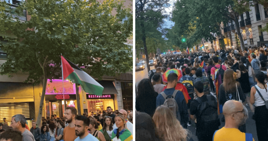 Imagen partida que muestra una multitud en una manifestación en Madrid con banderas LGTBIQ+ y una bandera de Palestina destacada entre los asistentes.