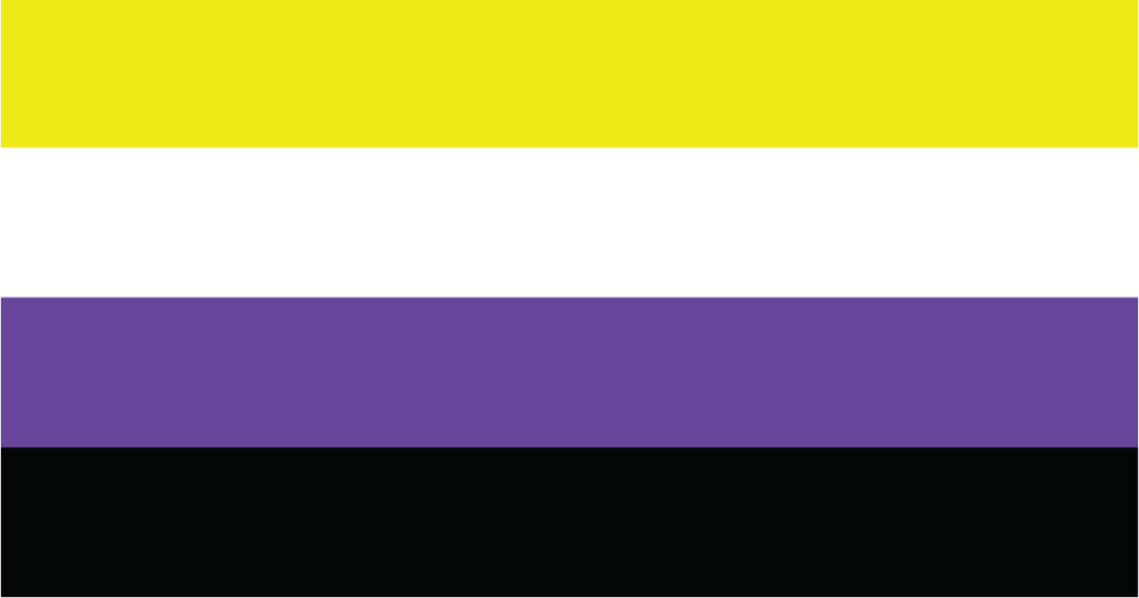 Bandera del orgullo no binario con cuatro franjas horizontales: amarilla, blanca, lila y negra.