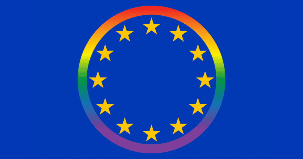 Bandera de la Unión Europea con un círculo exterior de colores arcoíris que rodea las estrellas amarillas, simbolizando la diversidad y los derechos LGTBIQ+ en el continente.