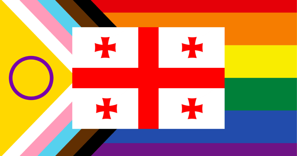 Composición visual que muestra la bandera de Georgia superpuesta en un tamaño menor sobre la bandera del progreso (Progress Pride Flag), simbolizando la tensión legislativa en el país.