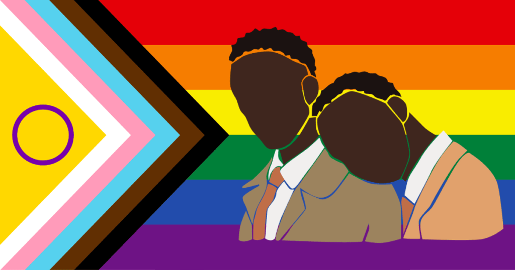 Siluetas en negro de dos hombres africanos frente a una bandera del progreso (Progress Pride Flag) de fondo, representando la vulnerabilidad del colectivo en África.