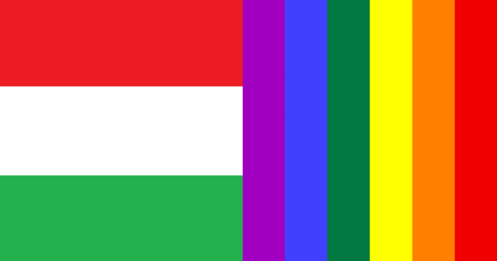 Las banderas de Hungría y LGTBI+ yuxtapuestas, simbolizando el conflicto sobre los derechos del colectivo en el país.