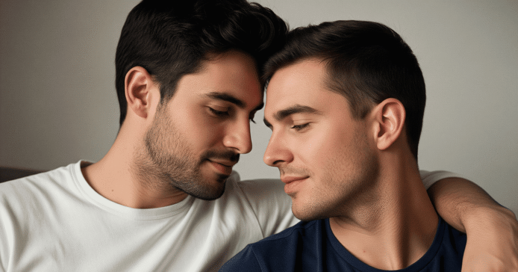 Pareja de hombres LGTBI+ mostrando afecto y conexión emocional.