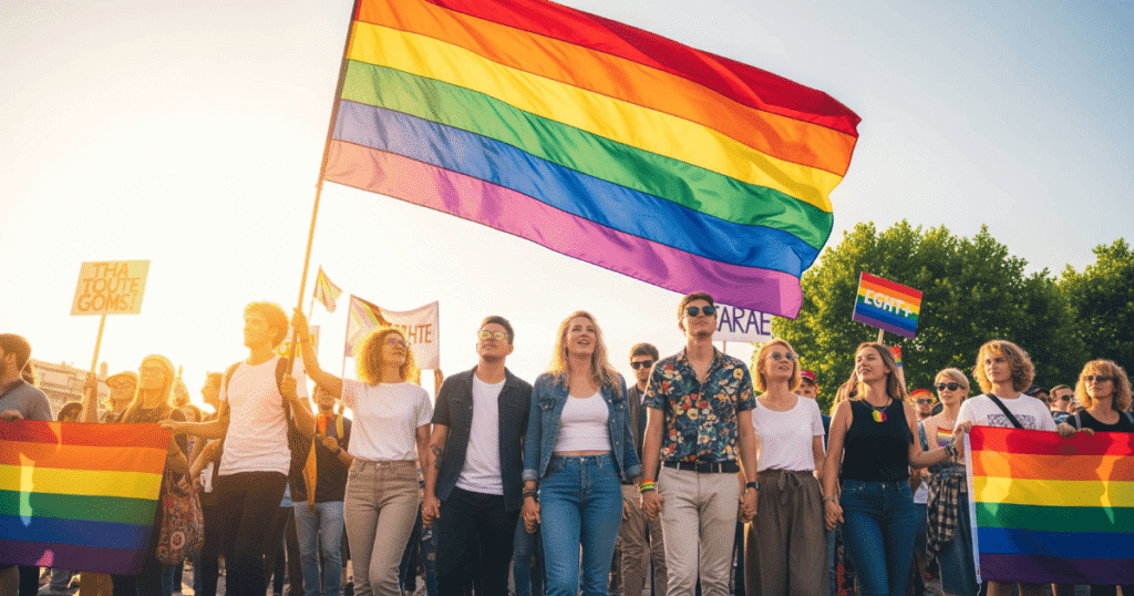 Un grupo diverso de personas encabezando una manifestación, portando banderas del arcoíris y otras banderas LGTBI+.