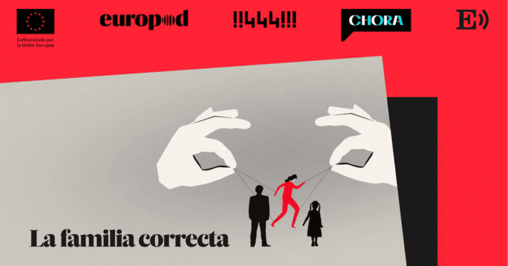 Manos manipulando una figura de mujer como marioneta, con siluetas de un hombre y una niña observando, y logos de organizaciones colaboradoras.