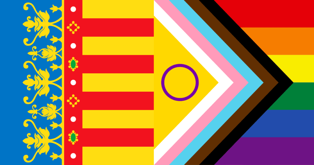 La bandera de la Comunidad Valenciana y la bandera del colectivo LGTBI+ unidas en una imagen.