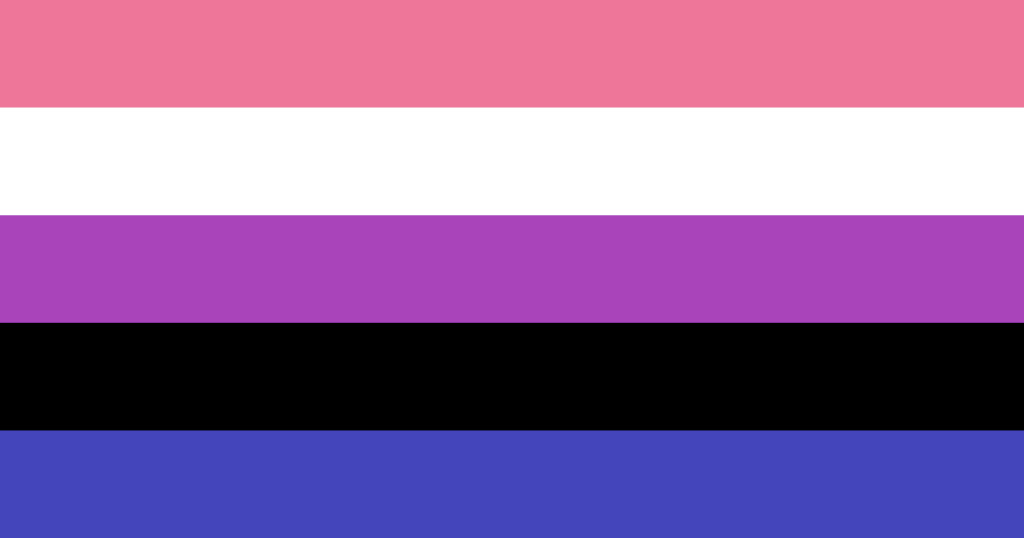 Bandera de género fluido con cinco franjas horizontales: rosa, blanco, morado, negro y azul.