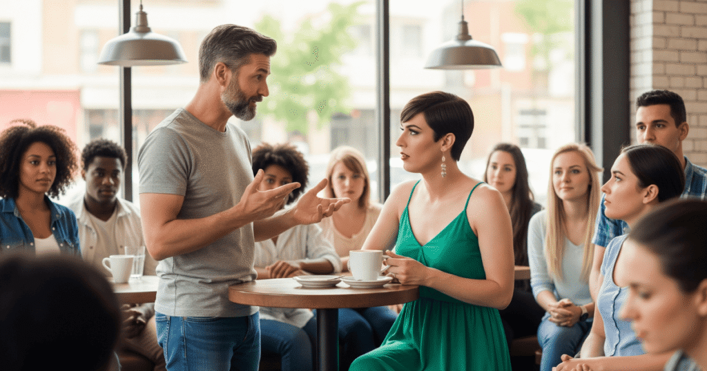 Un hombre de pie interrumpe con gesto condescendiente a una mujer trans sentada tomando café, mientras otras personas observan la situación en una cafetería, ilustrando el mansplaining y la invisibilización.