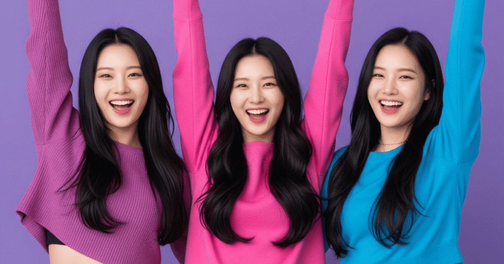 Tres mujeres jóvenes coreanas con los brazos en alto y sonriendo, con ropa casual, sobre un fondo morado vibrante.