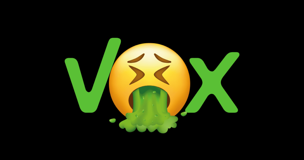 Logo de VOX con la letra 'O' sustituida por un emoji vomitando, simbolizando rechazo.