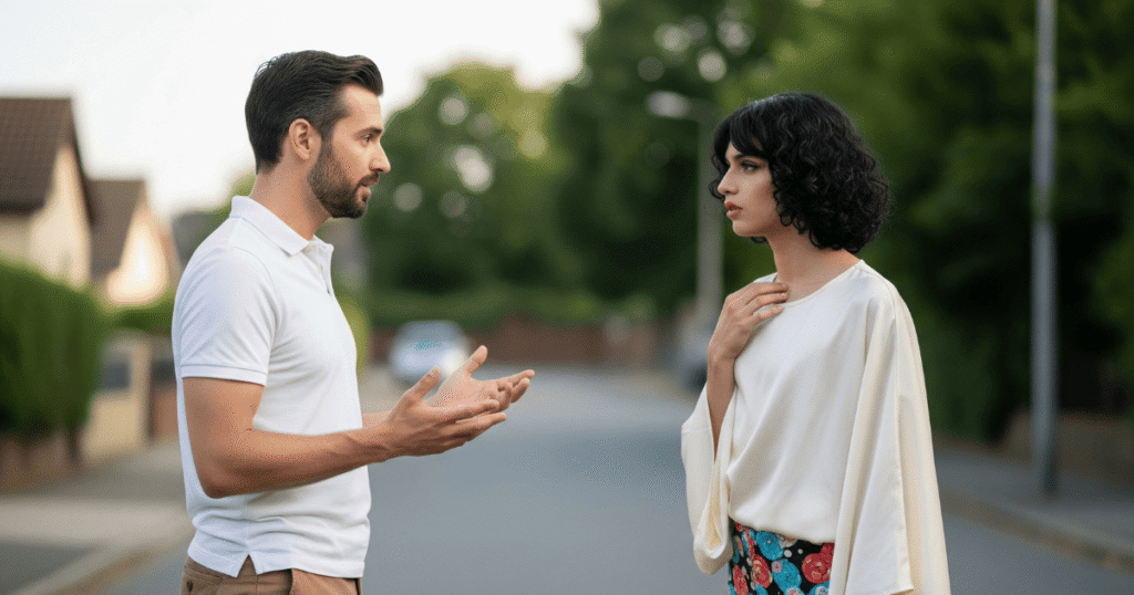 Un hombre en postura de cuestionamiento frente a una mujer trans que lo mira con incredulidad, simbolizando el impacto del androcentrismo y el desafío a las normas de género.