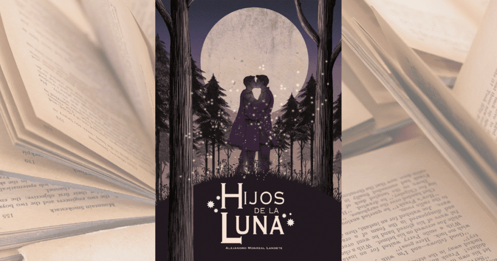 Portada del libro 'Hijos de la Luna' con dos chicos besándose en un bosque, bajo la luna.