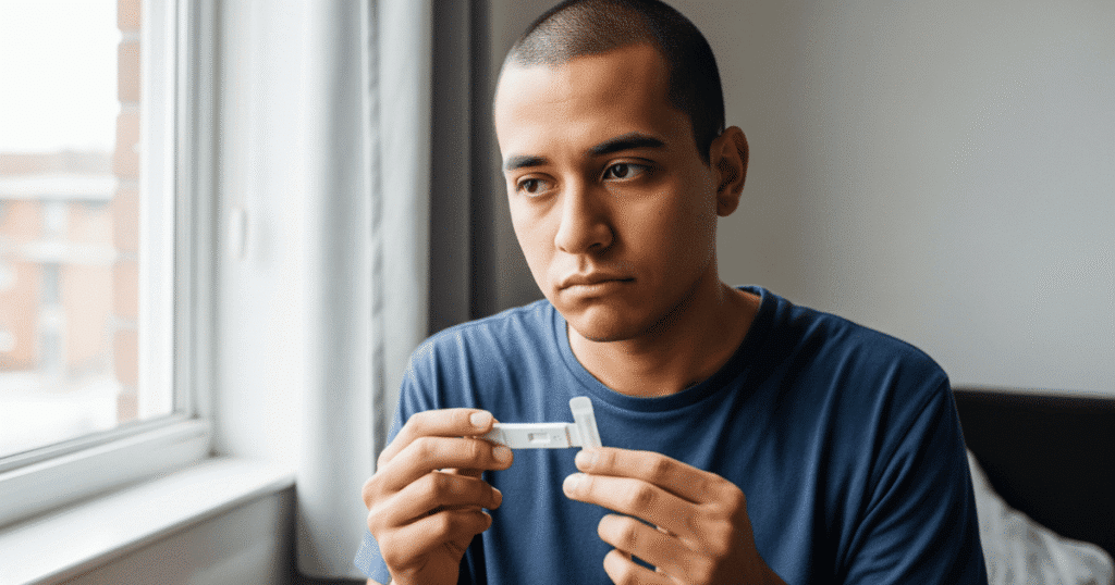 Un joven con expresión de preocupación, sosteniendo en su mano una prueba de detección del VIH, simbolizando la ansiedad ante un posible diagnóstico.