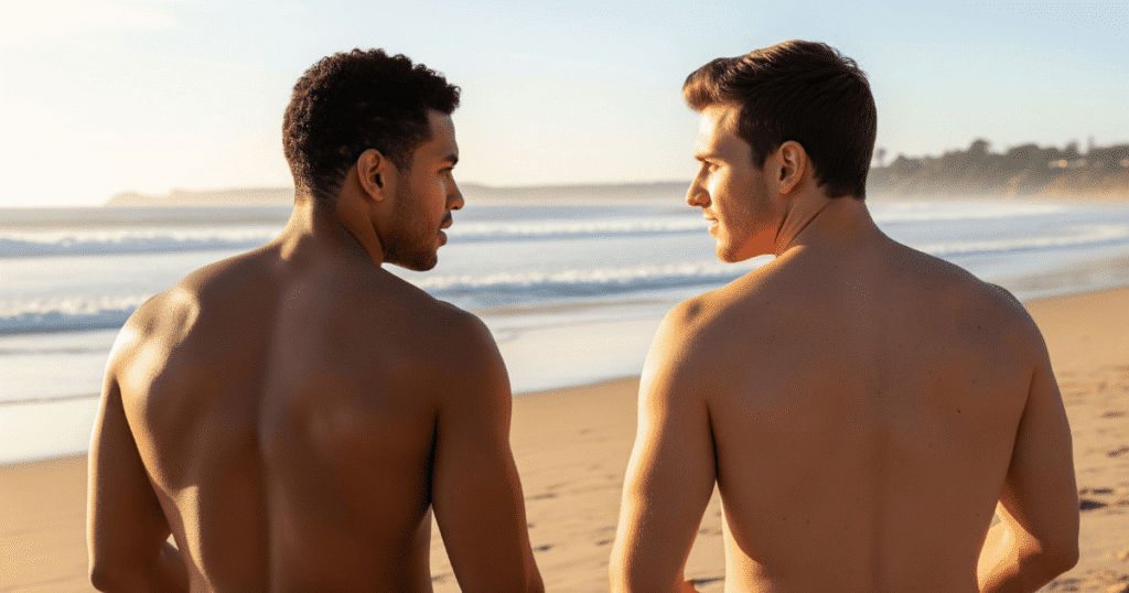 Dos hombres LGTBI+ de cintura para arriba, en una playa nudista de Barcelona, mirándose el uno al otro con afecto.
