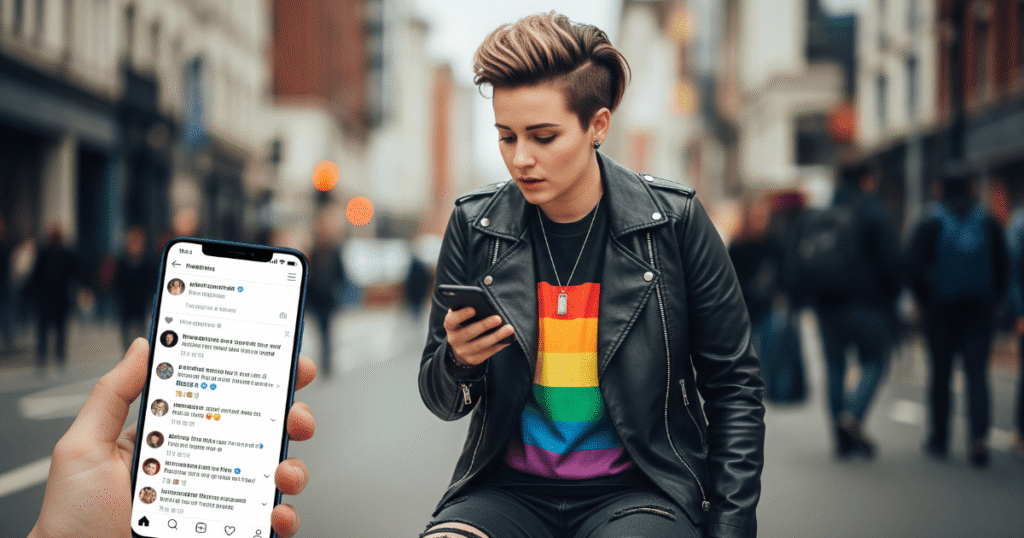 Una joven del colectivo LGTBI+ con expresión de preocupación, mirando su teléfono móvil, lo que sugiere el impacto del acoso digital o ciberacoso.