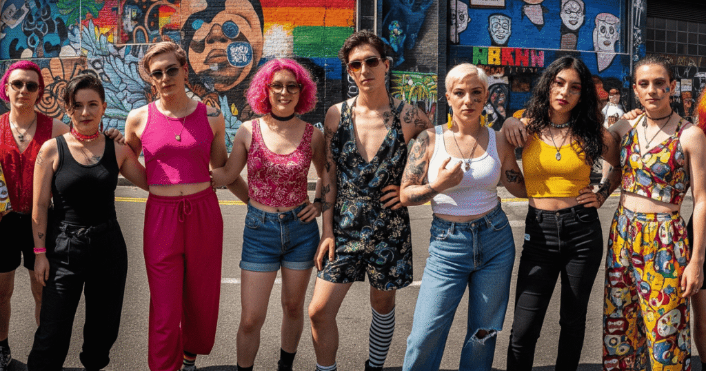 Un grupo diverso de personas de diferentes géneros, etnias y expresiones, mirando directamente a la cámara, simbolizando la riqueza de identidades que celebra la Teoría Queer.