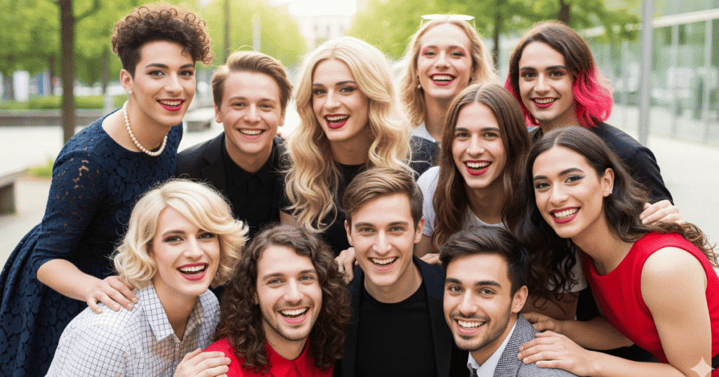 Un grupo diverso de personas transgénero y travestis sonriendo al frente, simbolizando la diversidad de identidad y expresión de género.