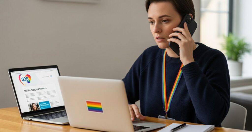 Mujer con pelo corto, sosteniendo un teléfono y mirando un portátil, con un pin con la bandera LGTBI+. En la pantalla del portátil se ve una página de servicios de ayuda.