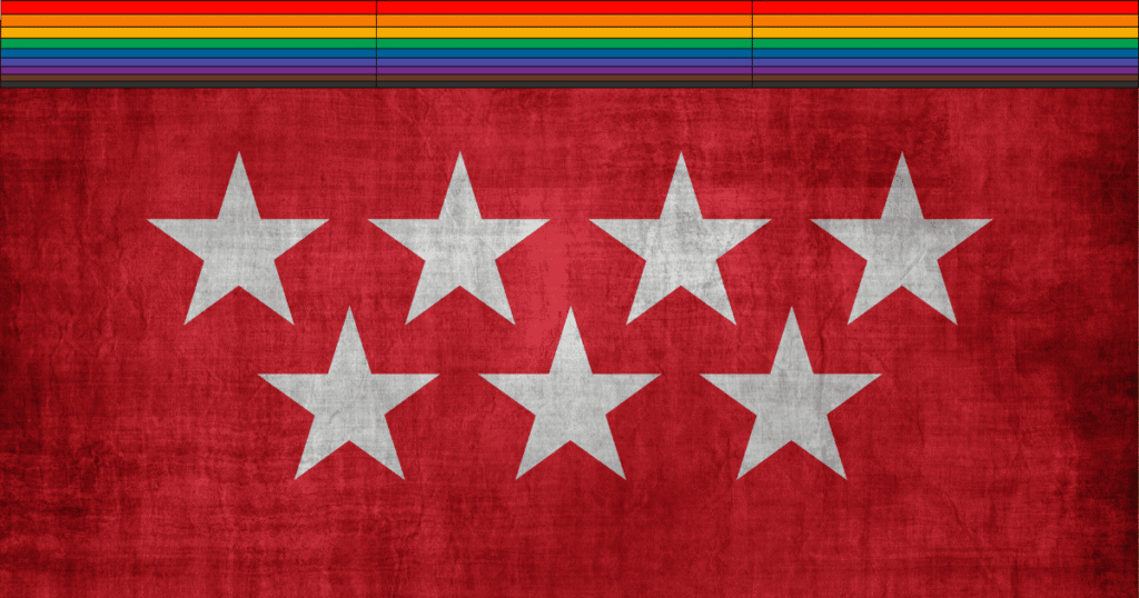 Bandera de la Comunidad de Madrid oscurecida con las estrellas blancas, con un filtro de colores arcoíris LGTBIQ+ en la parte superior. Simboliza la denuncia de la represión en la región.