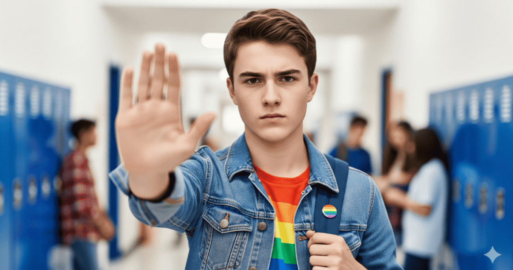 Un adolescente gay, con una camiseta con la bandera arcoíris y un pin LGTBI+, con la mano extendida en señal de "stop" en un pasillo escolar.