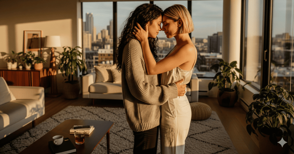 Dos mujeres abrazadas en un salón con luz natural, simbolizando la conexión y la ternura en una relación.