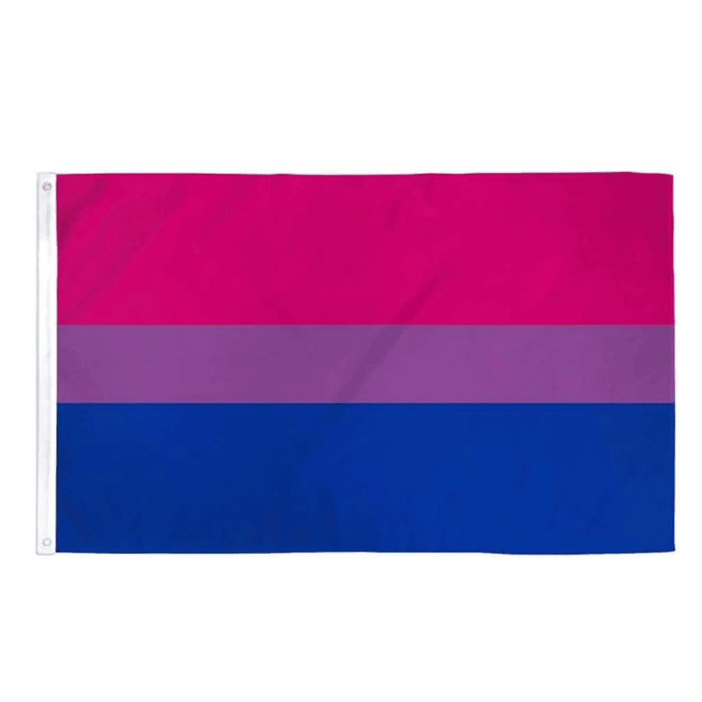 Fotografía del producto: Bandera Bisexual de tres franjas (magenta, púrpura y azul) en poliéster.