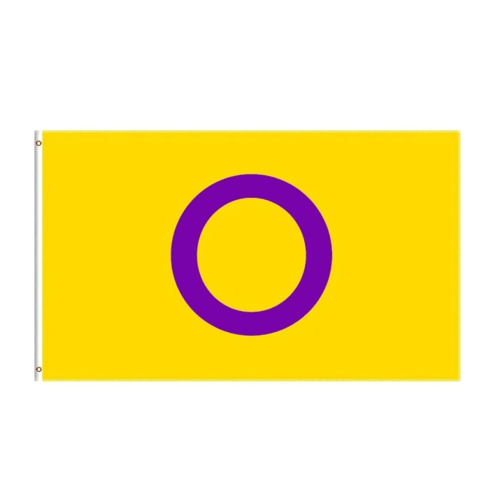 Fotografía del producto: Bandera Intersex, con un círculo morado centrado sobre un fondo amarillo.