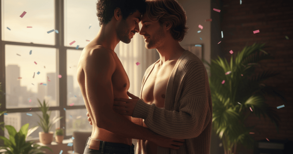 Primer plano de dos hombres semi-desnudos, con sus torsos y pechos visibles, en una pose íntima que sugiere afecto y conexión.