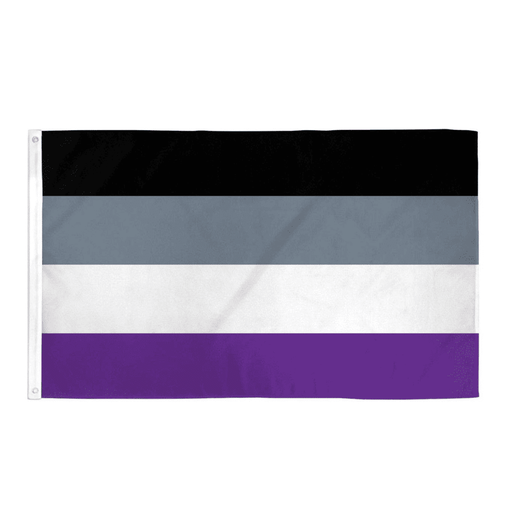 Fotografía del producto: Bandera Asexual de cuatro franjas (negro, gris, blanco y morado) en poliéster.