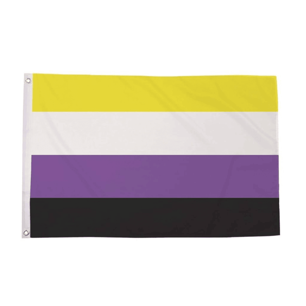 Fotografía del producto: Bandera No Binaria de cuatro franjas (amarillo, blanco, púrpura y negro) en poliéster.