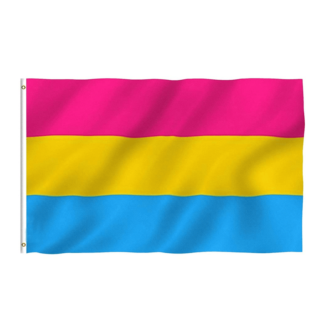 Fotografía del producto: Bandera Pansexual de tres franjas (magenta, amarillo y cian) en poliéster.