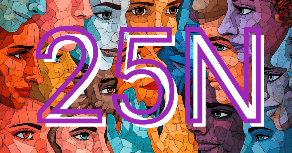 Composición visual (trencadís) de múltiples rostros de mujeres diversas (lesbianas, bisexuales y trans) con el texto "25N" en grande, simbolizando la lucha interseccional contra la violencia.