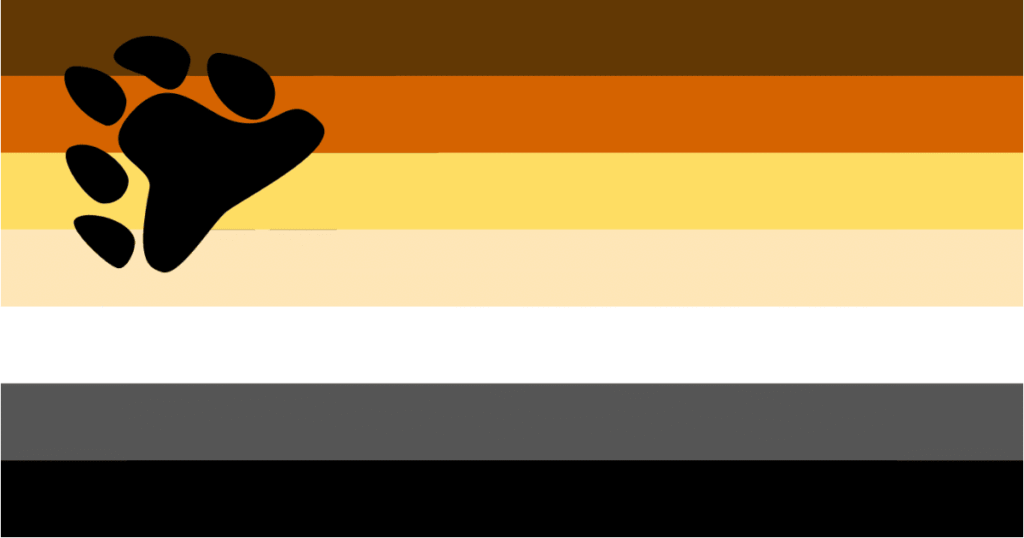 Primer plano de la bandera del oso gay (International Bear Brotherhood Flag) mostrando sus siete franjas de colores tierra y la huella de zarpa negra en la esquina superior.
