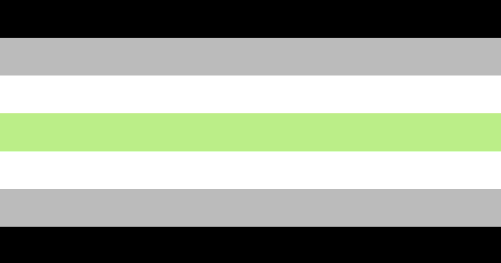 Bandera de la identidad agénero con siete franjas horizontales en colores negro, gris, blanco y una franja verde central.