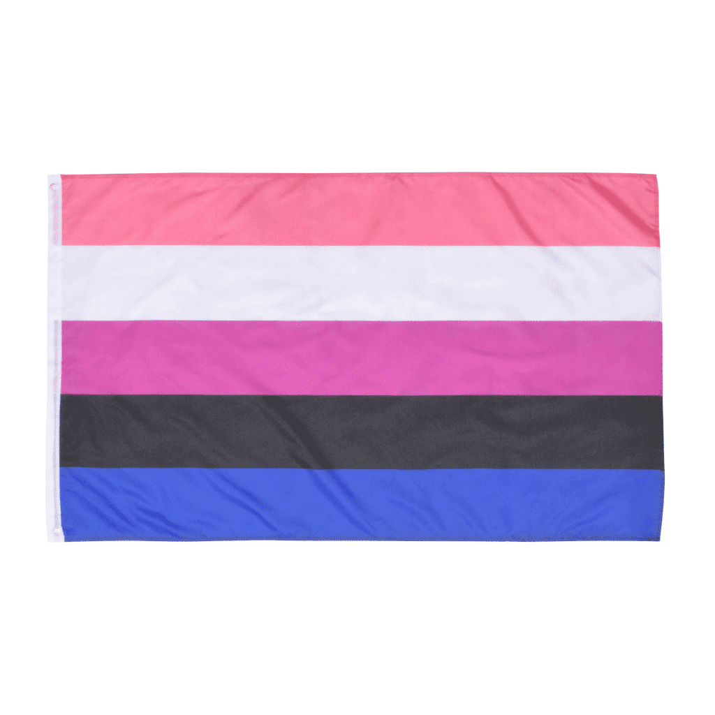 Bandera del orgullo género fluido con franjas rosa, blanca, morada, negra y azul.