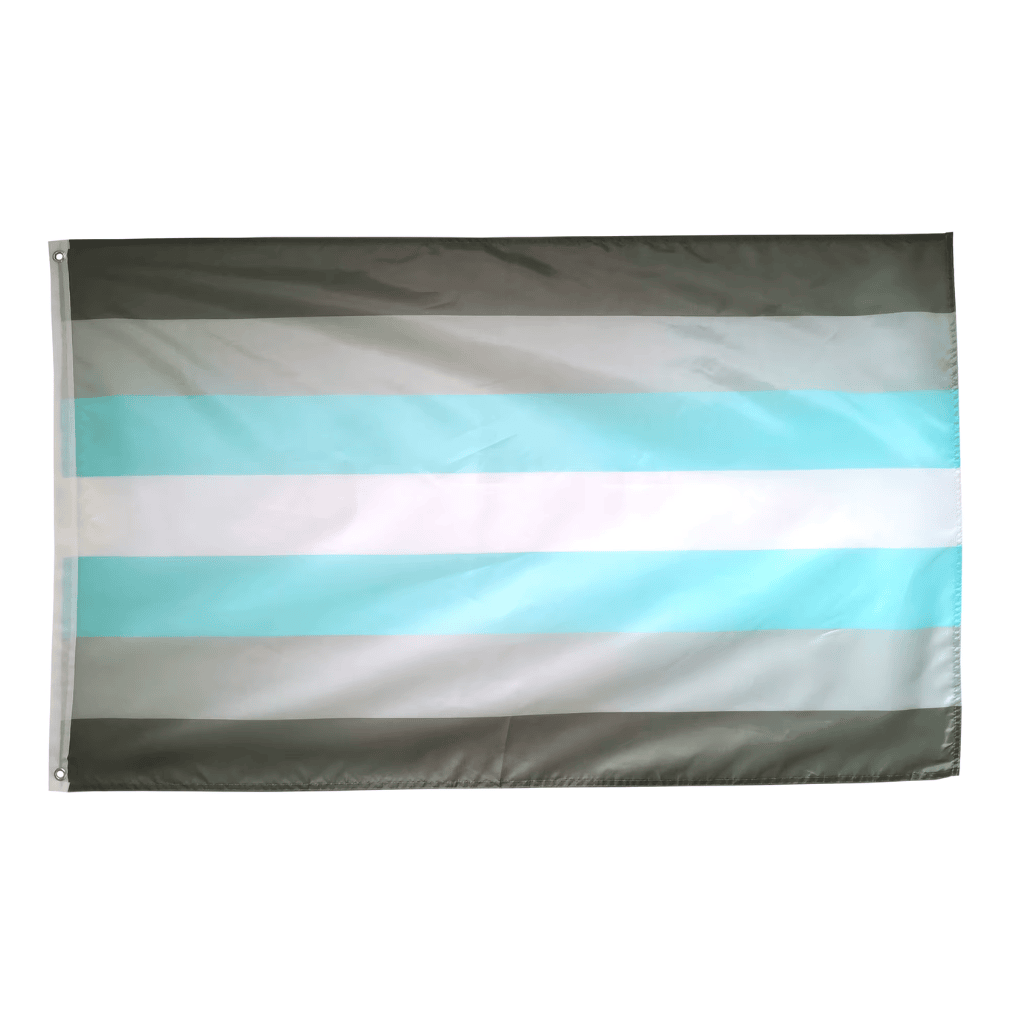 Bandera de la identidad Demimen o Demichico con franjas horizontales en degradado de gris, blanco y azul turquesa.