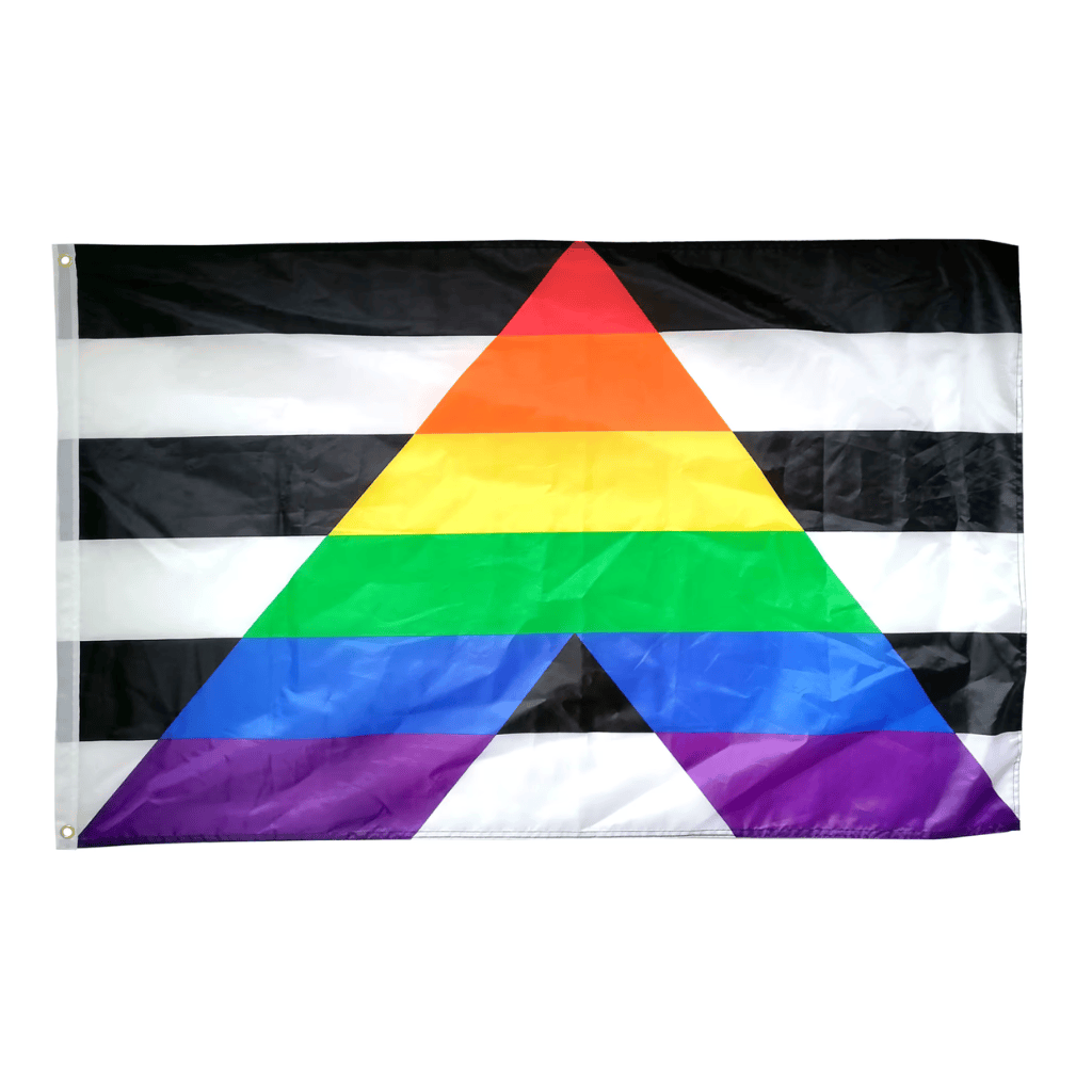 Bandera de Alianza Heterosexual (Ally) con franjas horizontales blancas y negras y un triángulo arcoíris en el centro.