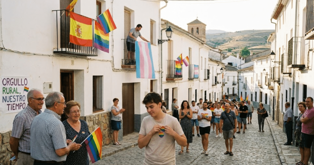 Fotografía documental de un joven en un pueblo español tradicional, reflexionando mientras se ajusta un pin LGTBIQ+ en su camiseta. Al fondo, vecinos de varias generaciones observan una pequeña y modesta manifestación con banderas del orgullo en una calle empedrada.